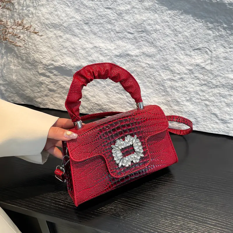 Pink Croc Leather Handbag with Diamond Lock for Women