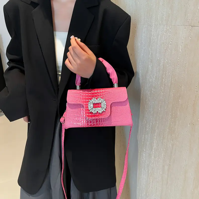 Pink Croc Leather Handbag with Diamond Lock for Women