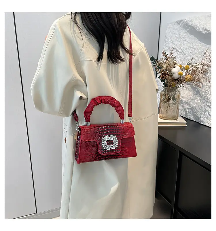 Pink Croc Leather Handbag with Diamond Lock for Women — feature 12