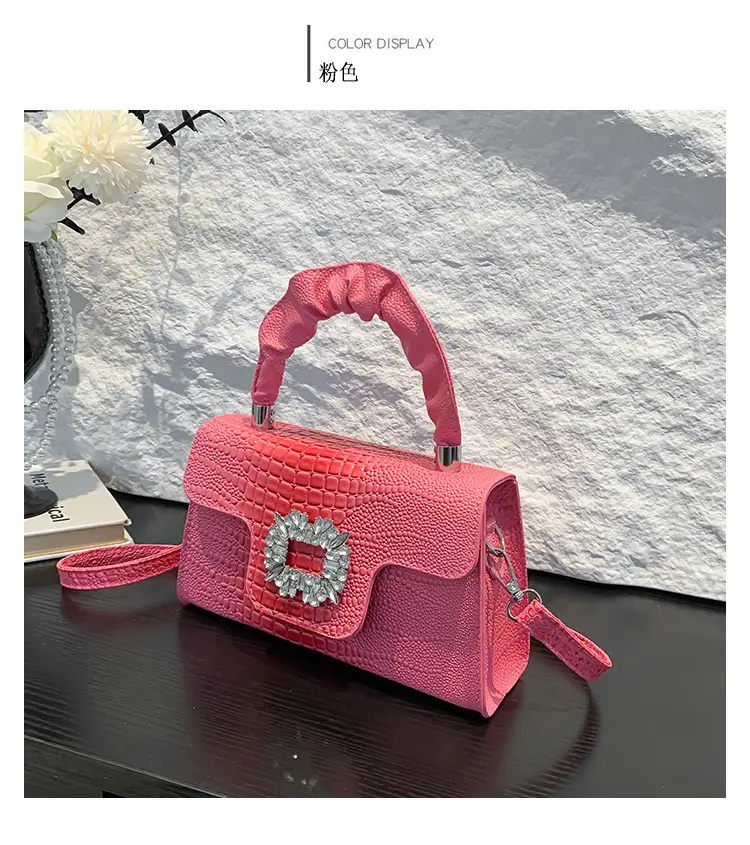 Pink Croc Leather Handbag with Diamond Lock for Women — feature 25