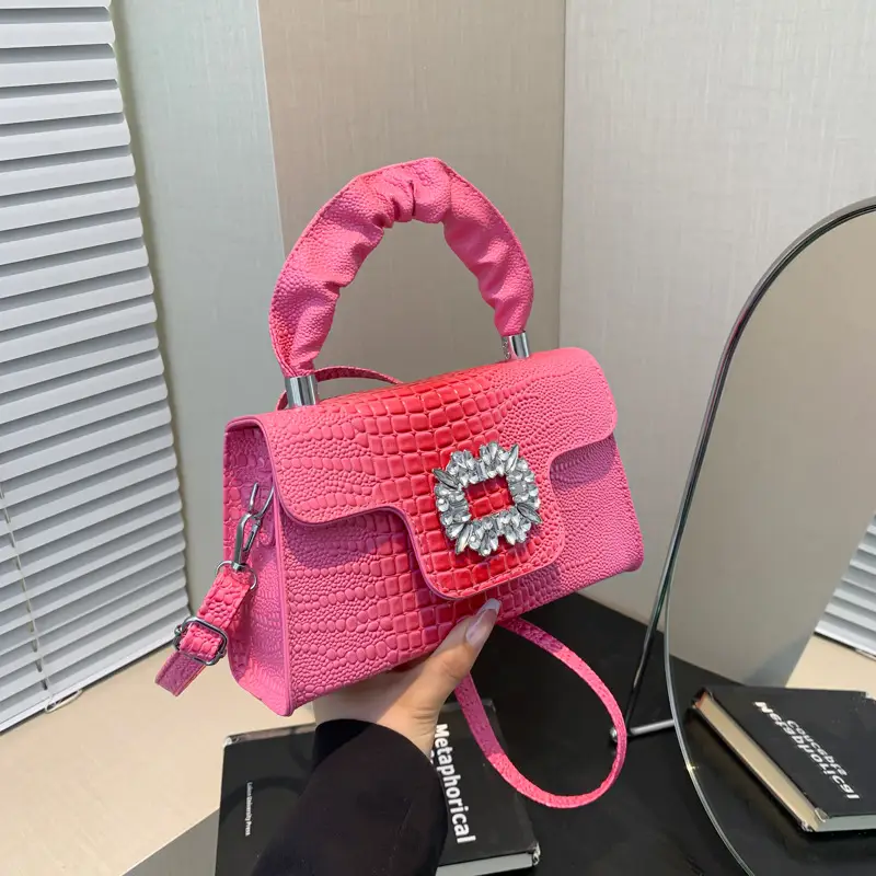 Pink Croc Leather Handbag with Diamond Lock for Women