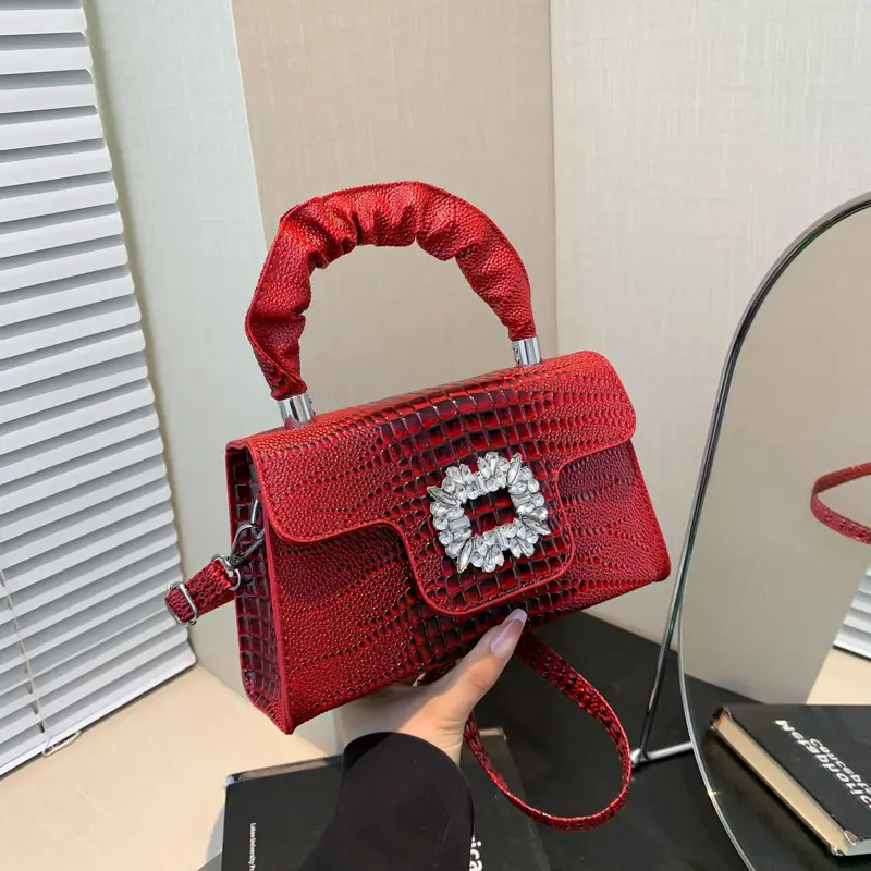 Pink Croc Leather Handbag with Diamond Lock for Women