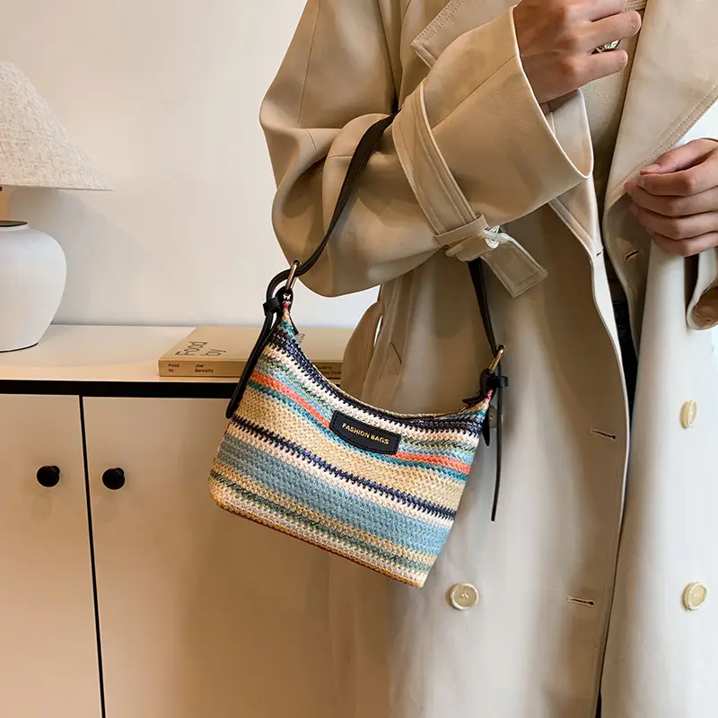 Rainbow Straw Underarm Bag for Women