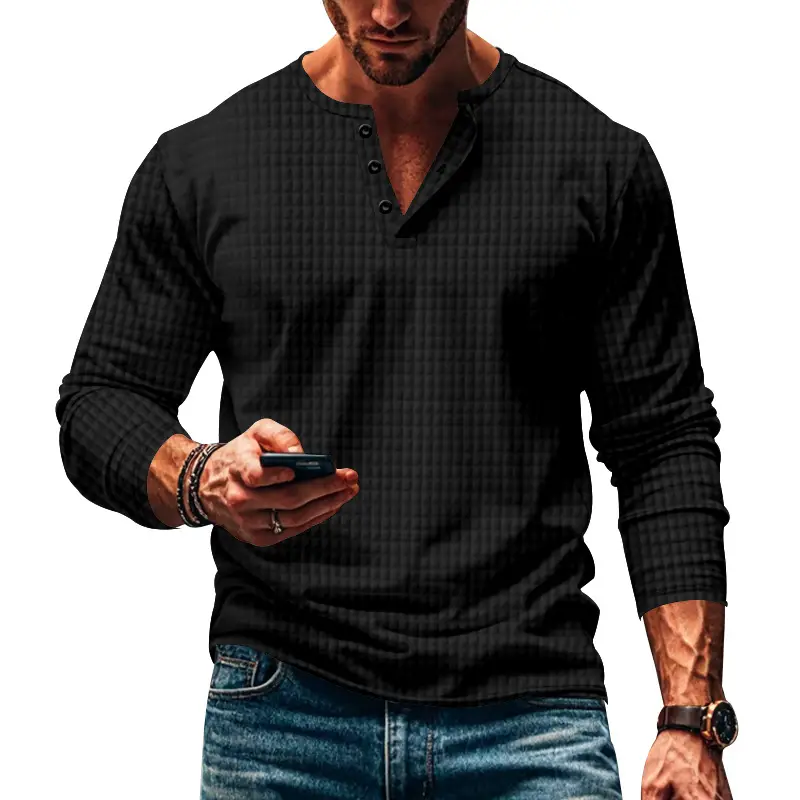 Men's Maroon Jacquard Long Sleeve T-Shirt - Image 10