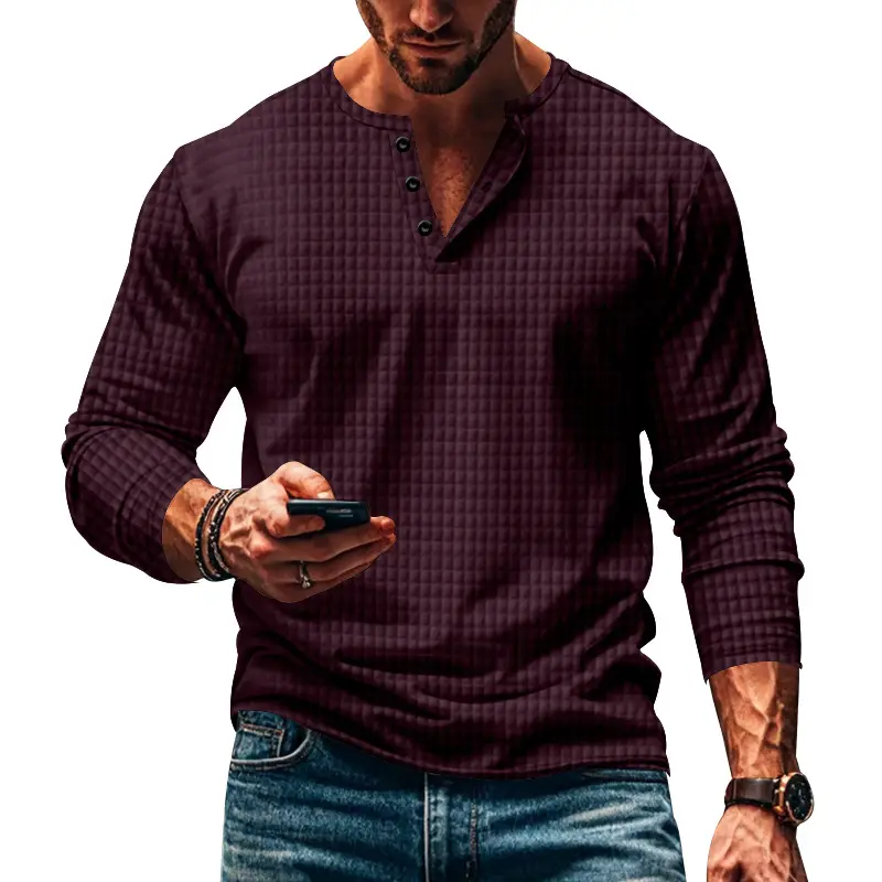 Men's Maroon Jacquard Long Sleeve T-Shirt - Image 11