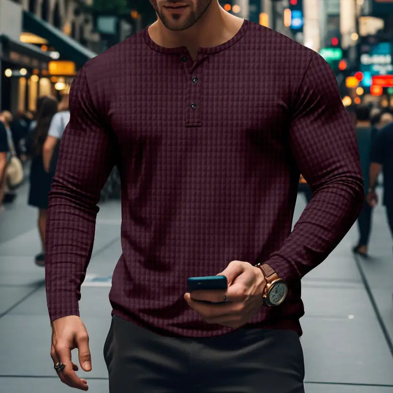 Men's Maroon Jacquard Long Sleeve T-Shirt — feature 24