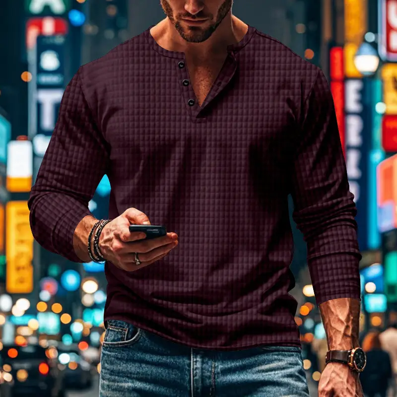 Men's Maroon Jacquard Long Sleeve T-Shirt — feature 25