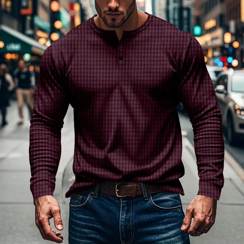 Men's Maroon Jacquard Long Sleeve T-Shirt — feature 26