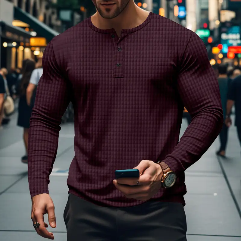 Men's Maroon Jacquard Long Sleeve T-Shirt - Image 3