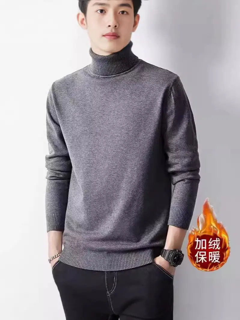 Men Fleece Lined Turtleneck Sweater Blue Slim Fit