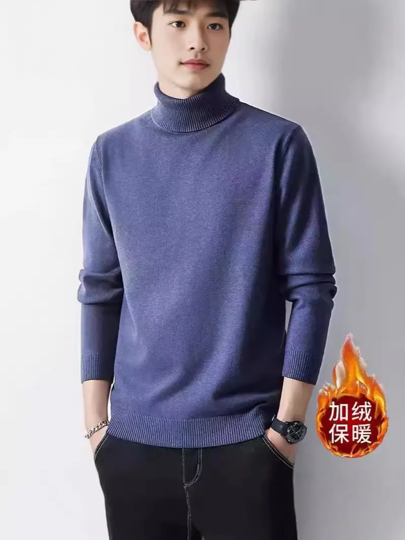 Men Fleece Lined Turtleneck Sweater Blue Slim Fit