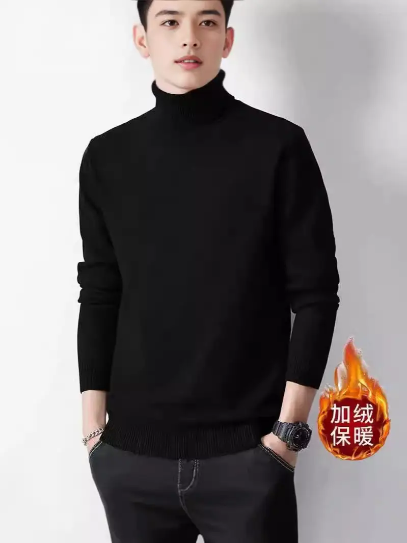 Men Fleece Lined Turtleneck Sweater Blue Slim Fit