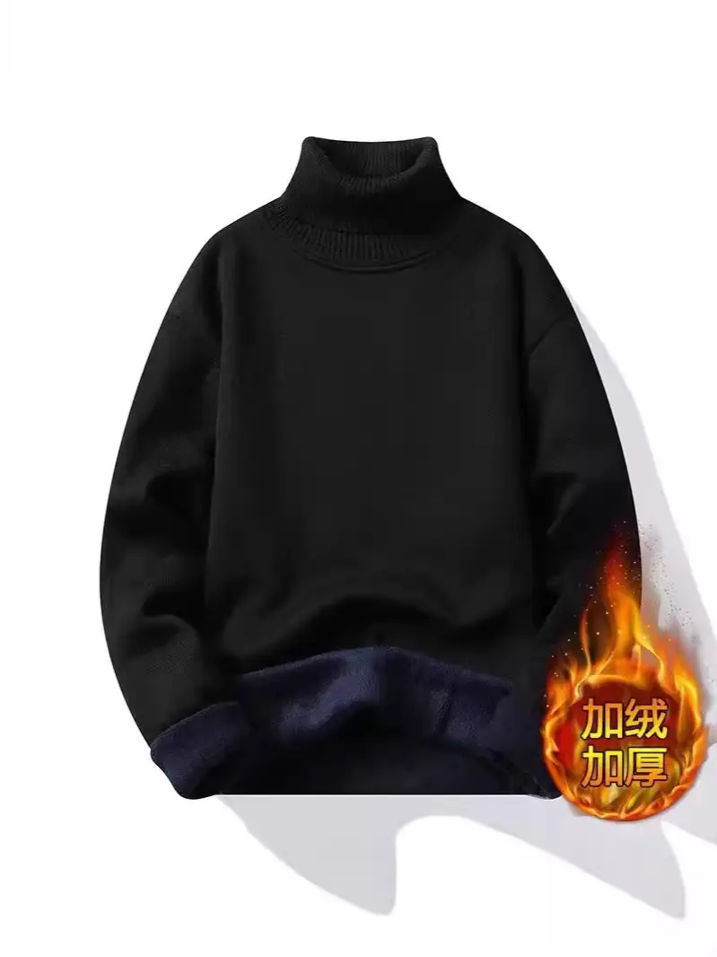 Men Fleece Lined Turtleneck Sweater Blue Slim Fit