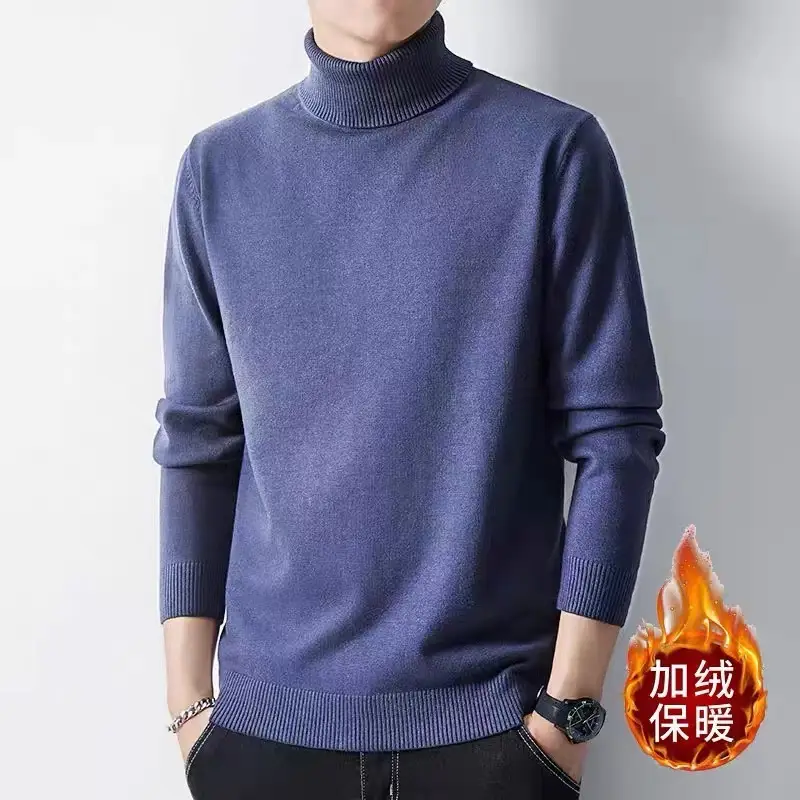 Men Fleece Lined Turtleneck Sweater Blue Slim Fit — feature 37