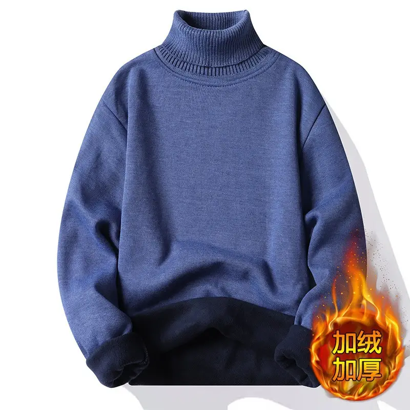 Men Fleece Lined Turtleneck Sweater Blue Slim Fit — feature 9