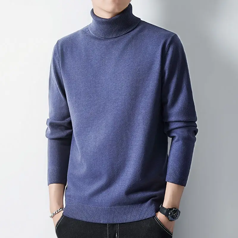 Men Fleece Lined Turtleneck Sweater Blue Slim Fit