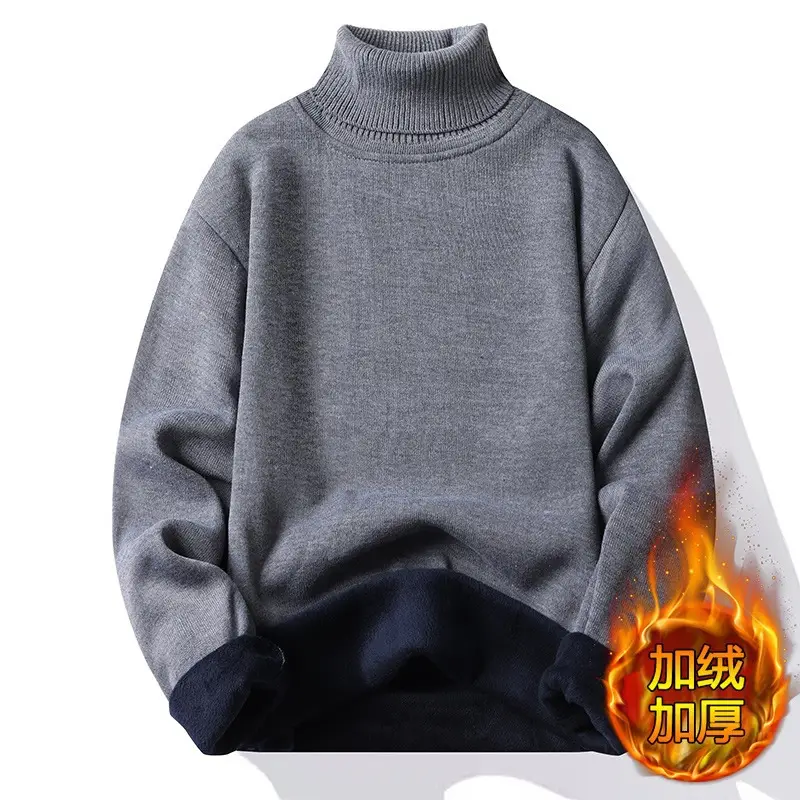Men Fleece Lined Turtleneck Sweater Blue Slim Fit