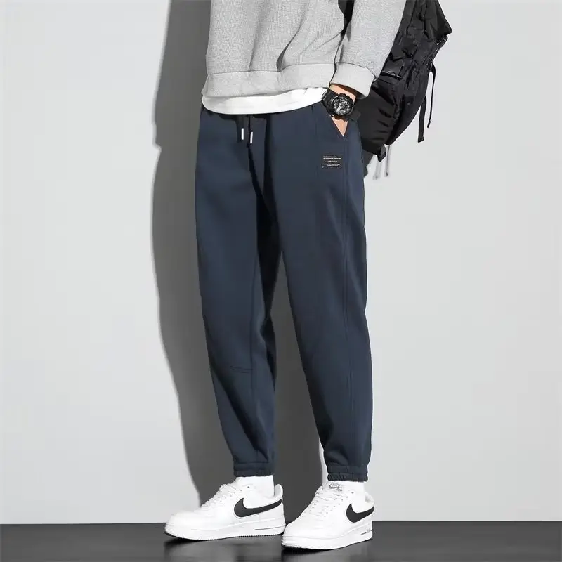 Men Dark Blue Fleece Loose Leg Pants with Drawstring Waist - Image 10