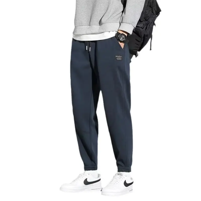 Men Dark Blue Fleece Loose Leg Pants with Drawstring Waist - Image 11