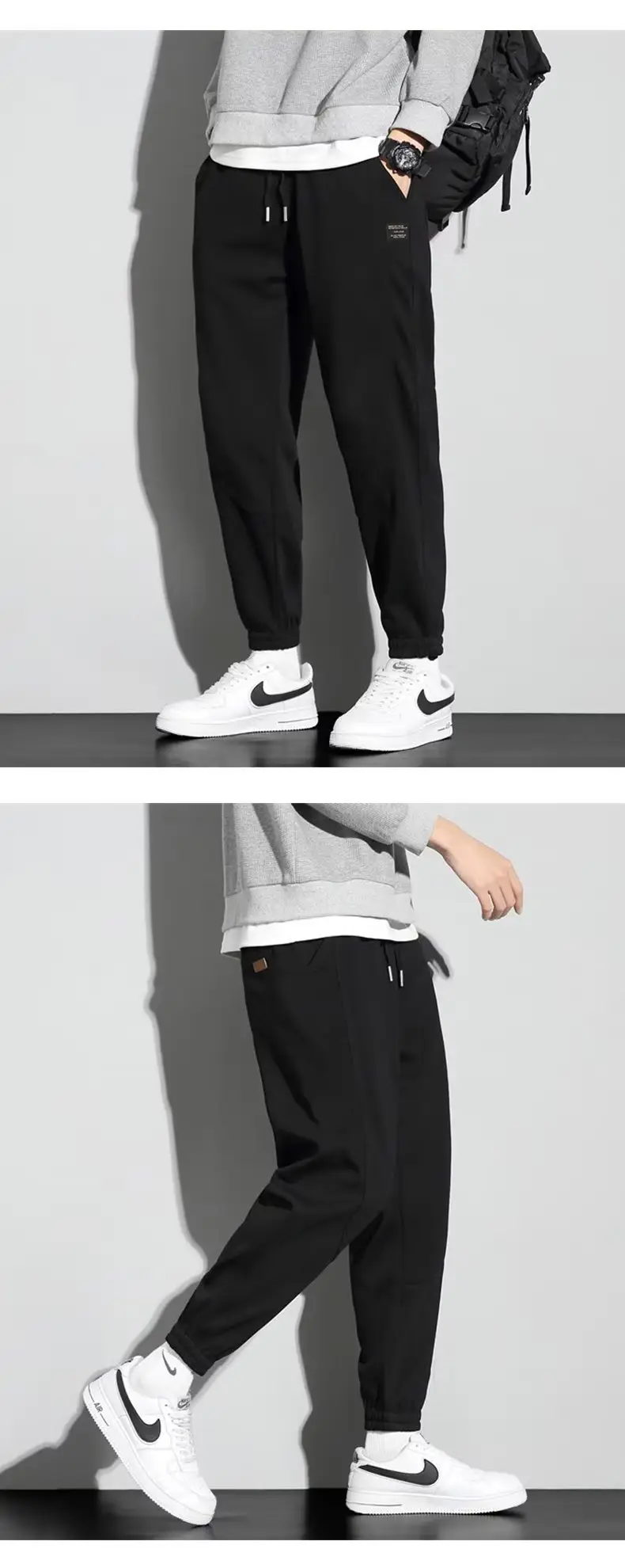 Men Dark Blue Fleece Loose Leg Pants with Drawstring Waist — feature 6