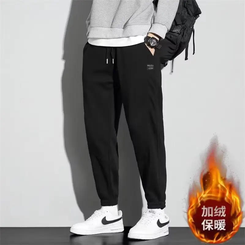 Men Dark Blue Fleece Loose Leg Pants with Drawstring Waist - Image 5