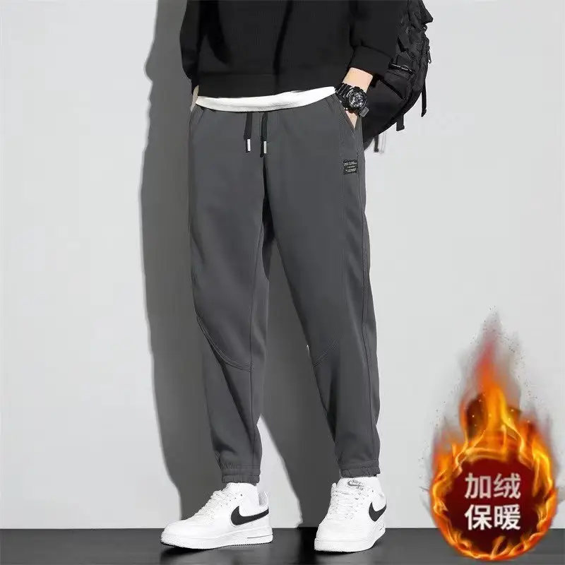 Men Dark Blue Fleece Loose Leg Pants with Drawstring Waist - Image 6