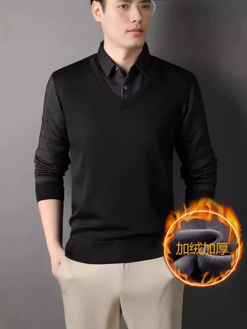 Men's Black Fleece Lined Collar Shirt with Thickening - Image 6