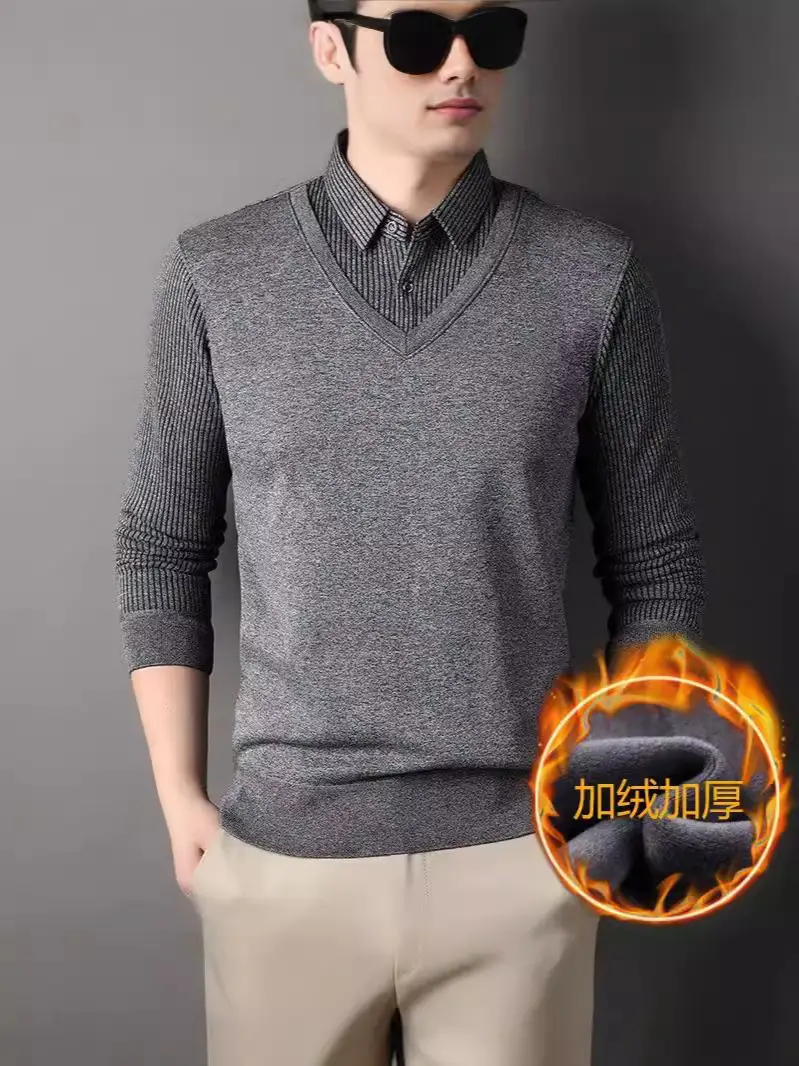 Men's Black Fleece Lined Collar Shirt with Thickening - Image 7