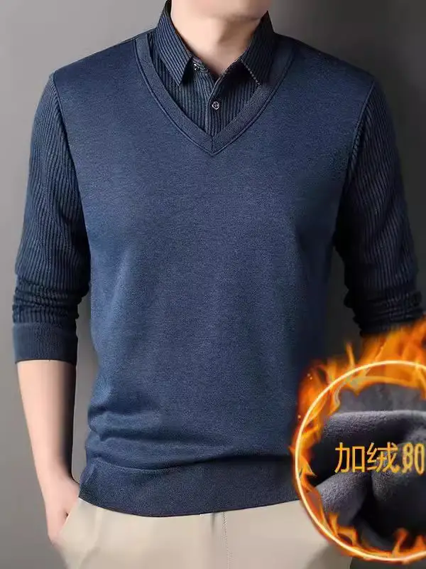 Men's Black Fleece Lined Collar Shirt with Thickening - Image 8