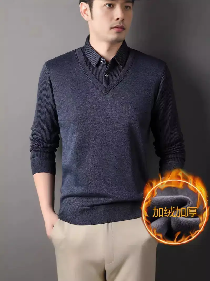 Men's Black Fleece Lined Collar Shirt with Thickening - Image 9