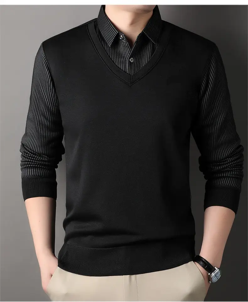 Men's Black Fleece Lined Collar Shirt with Thickening — feature 17
