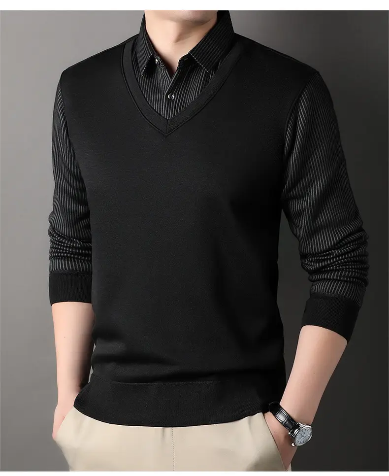 Men's Black Fleece Lined Collar Shirt with Thickening — feature 18