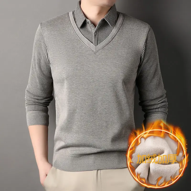 Men's Black Fleece Lined Collar Shirt with Thickening — feature 4