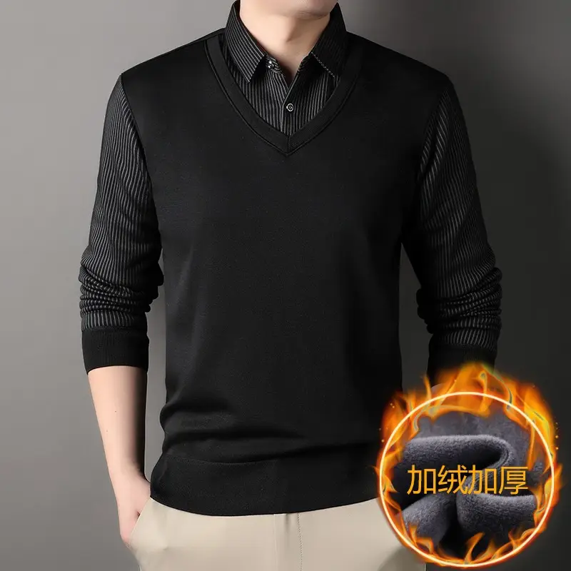 Men's Black Fleece Lined Collar Shirt with Thickening — feature 5