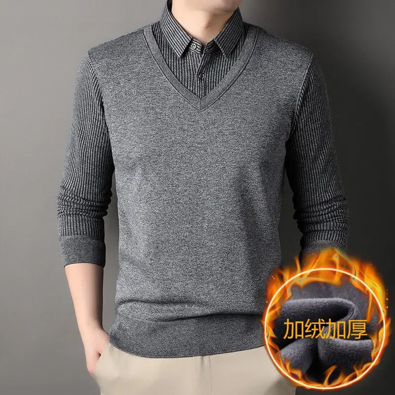 Men's Black Fleece Lined Collar Shirt with Thickening — feature 6