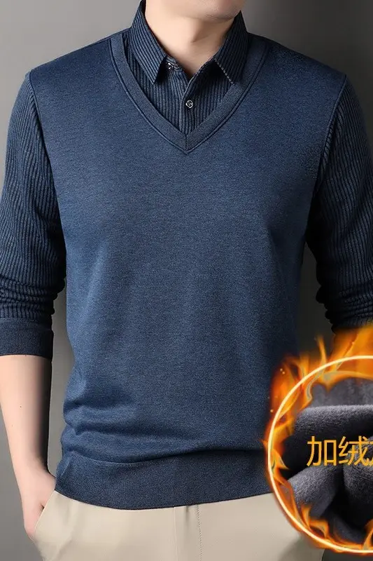 Men's Black Fleece Lined Collar Shirt with Thickening — feature 7