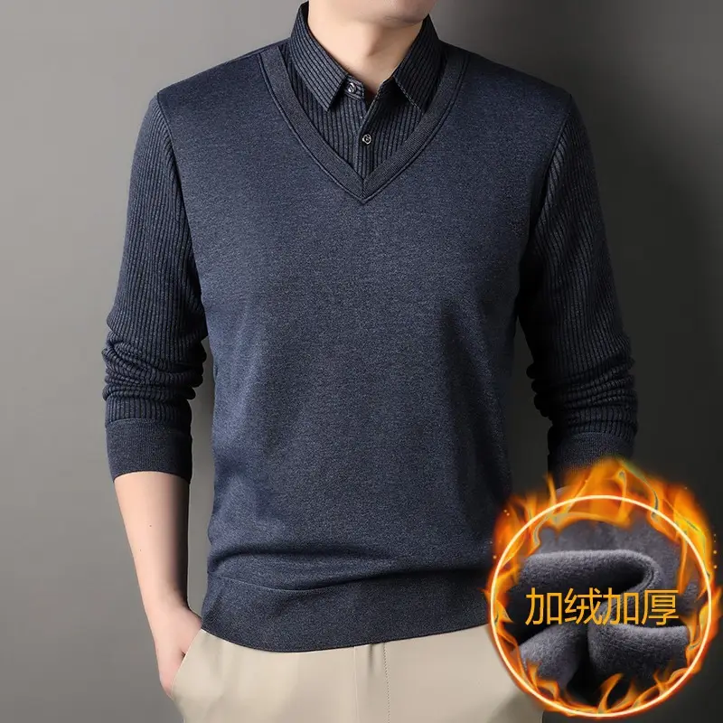 Men's Black Fleece Lined Collar Shirt with Thickening - Image 4