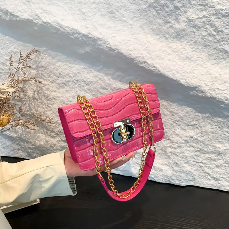 Gold Croc Leather Chain Shoulder Bag for Women - Image 7