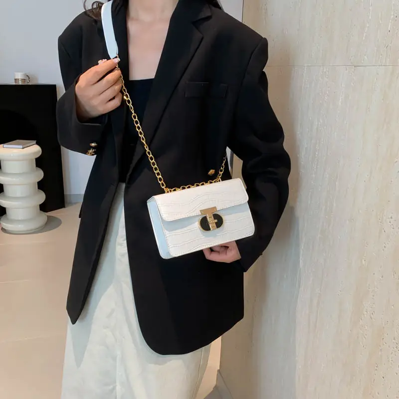 Gold Croc Leather Chain Shoulder Bag for Women - Image 8