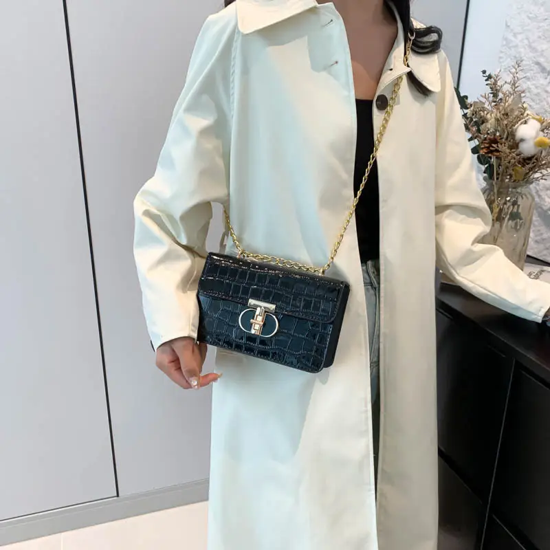 Gold Croc Leather Chain Shoulder Bag for Women - Image 9