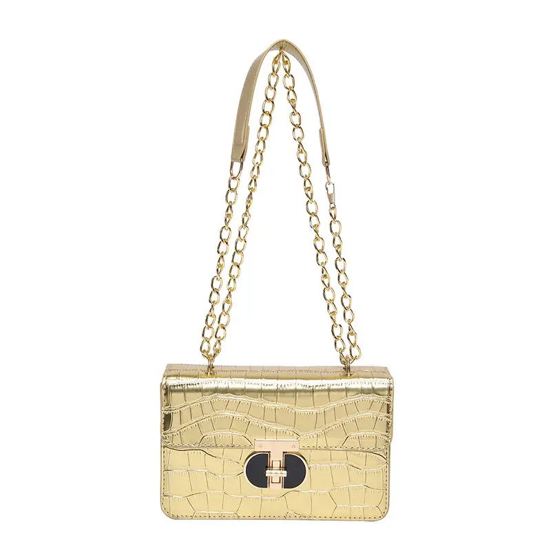 Gold Croc Leather Chain Shoulder Bag for Women - Image 10