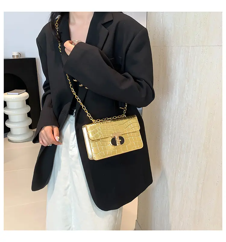 Gold Croc Leather Chain Shoulder Bag for Women — feature 16