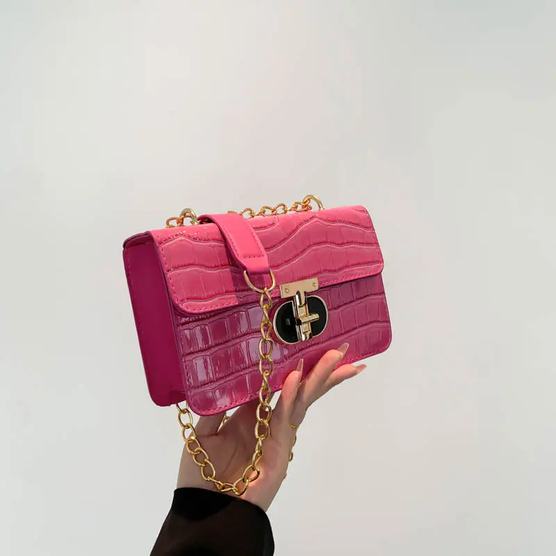 Gold Croc Leather Chain Shoulder Bag for Women - Image 3