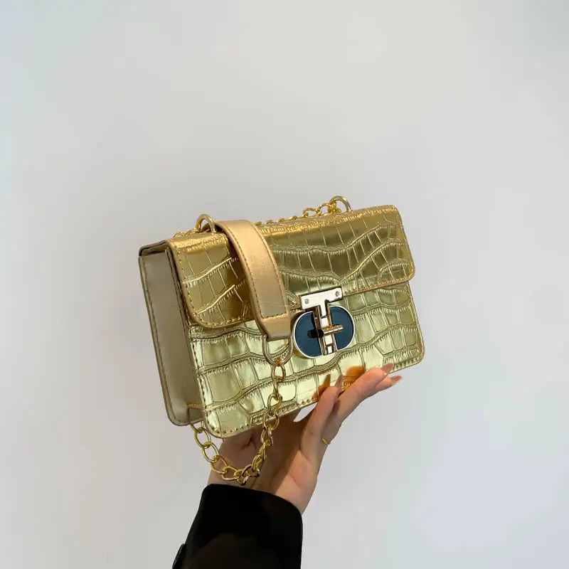 Gold Croc Leather Chain Shoulder Bag for Women - Image 4