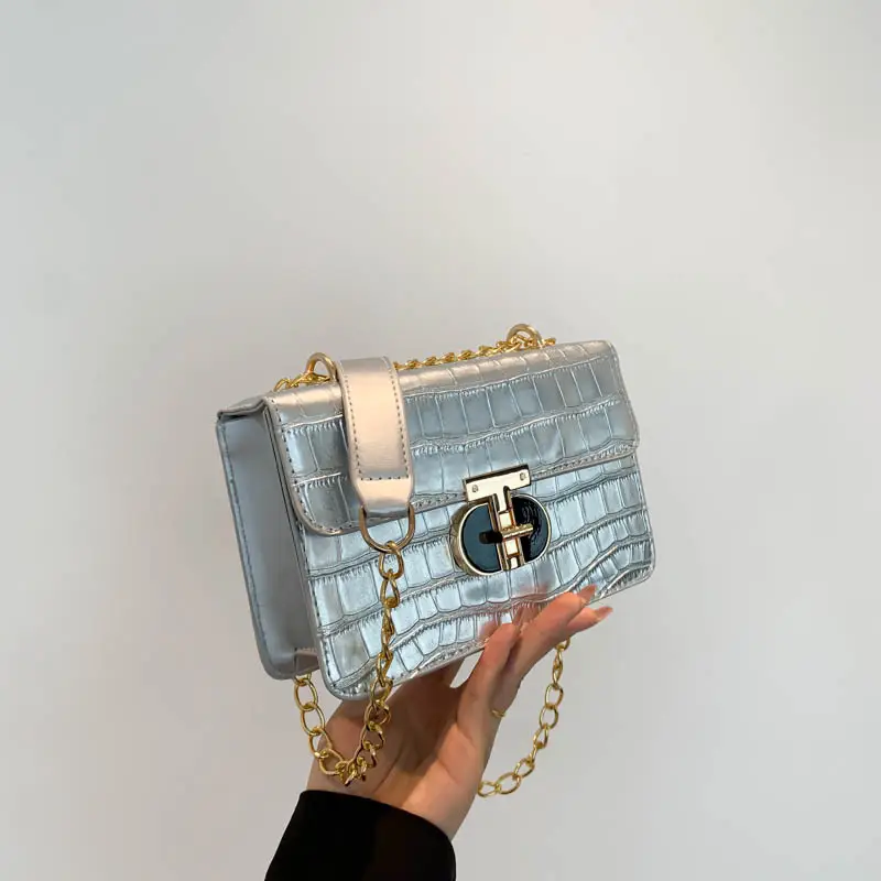 Gold Croc Leather Chain Shoulder Bag for Women - Image 5
