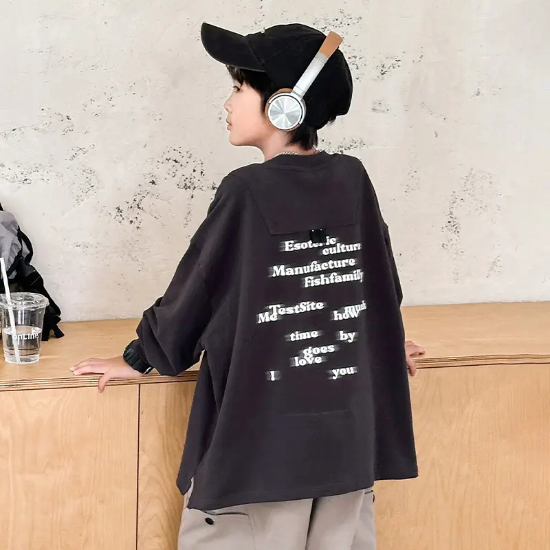 Huzhou Boys Long Sleeve T-Shirt Black Letter Print Spring Autumn 2025 - Image 6