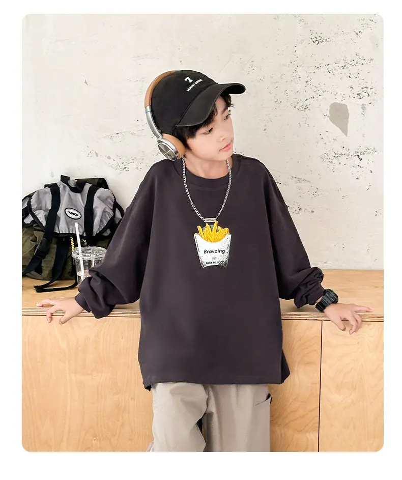 Huzhou Boys Long Sleeve T-Shirt Black Letter Print Spring Autumn 2025 — feature 11
