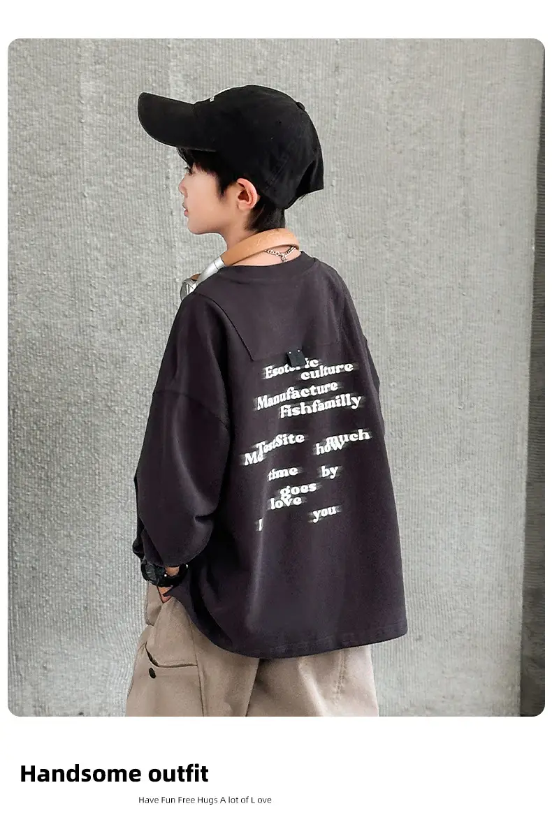 Huzhou Boys Long Sleeve T-Shirt Black Letter Print Spring Autumn 2025 — feature 12