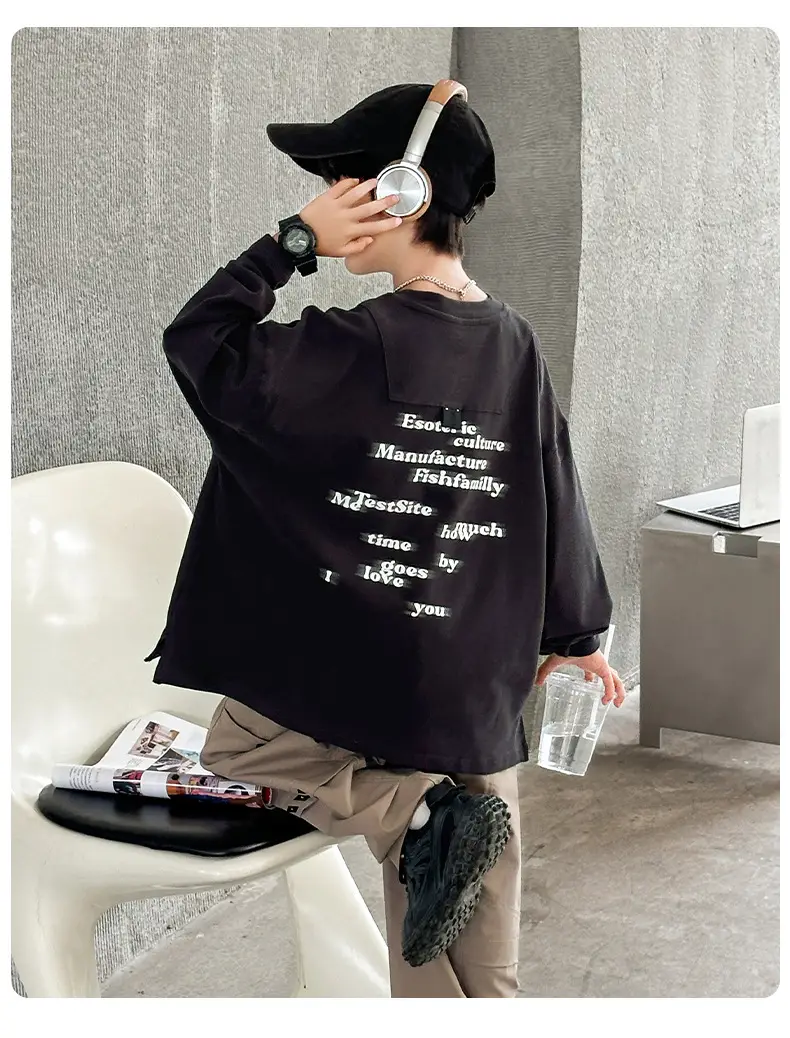 Huzhou Boys Long Sleeve T-Shirt Black Letter Print Spring Autumn 2025 — feature 13