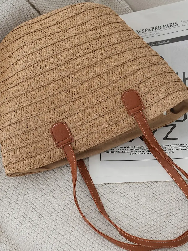 Women Straw Shoulder Bag Tan 2024 Summer - Image 4